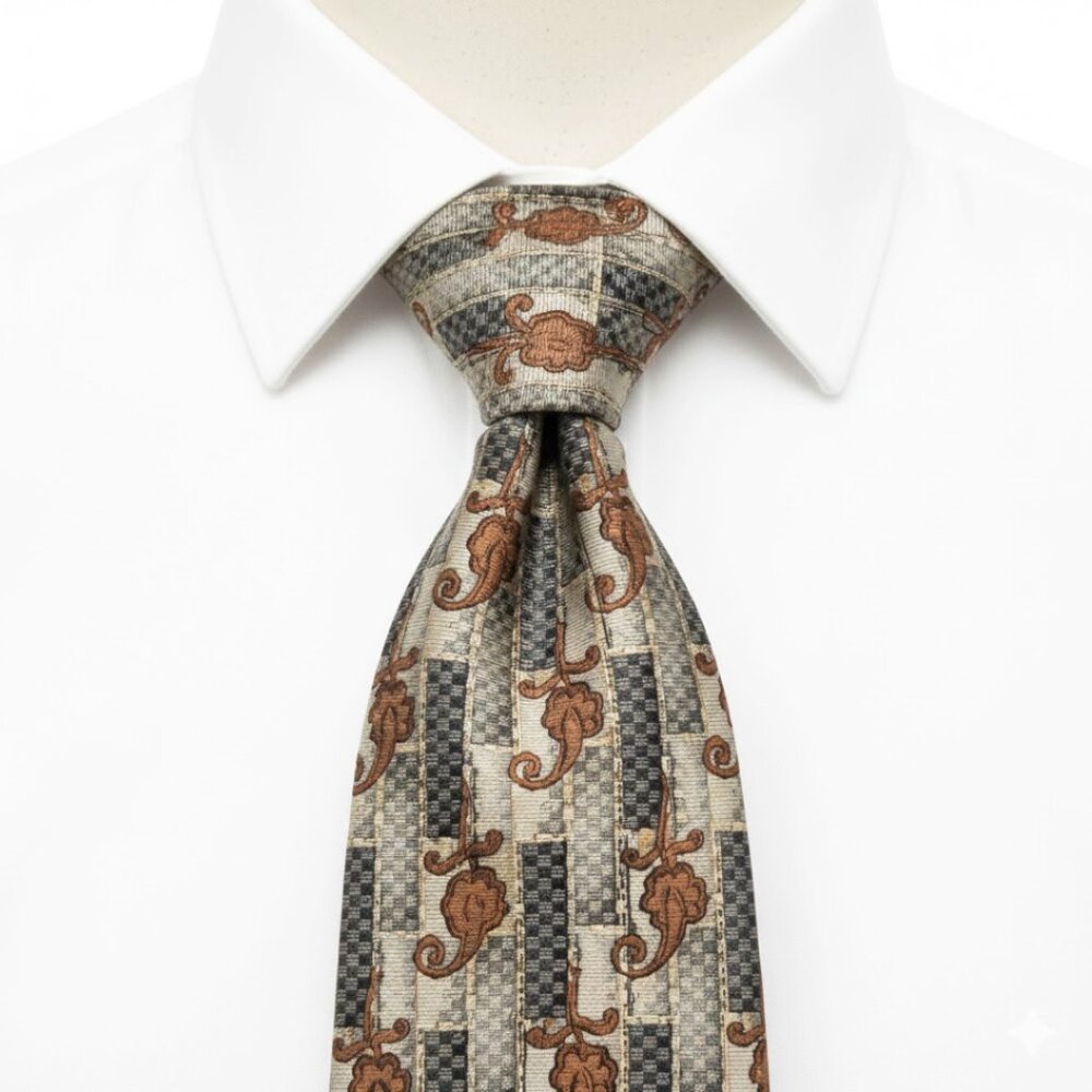 Bill Blass Signature Silk Tie Geometric Baroque Classical Brown Gray